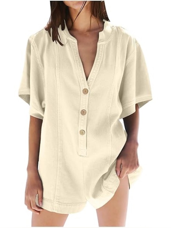 Source Unknown Pants - Beige Oversized Button-Front Romper, Size XS